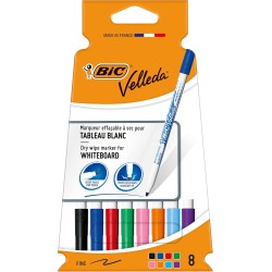 BIC Velleda 1721 Feutres Effaçables A Sec à Pointe Fine pour Tableau Blanc – Couleurs assorties, Pack Carton de 8