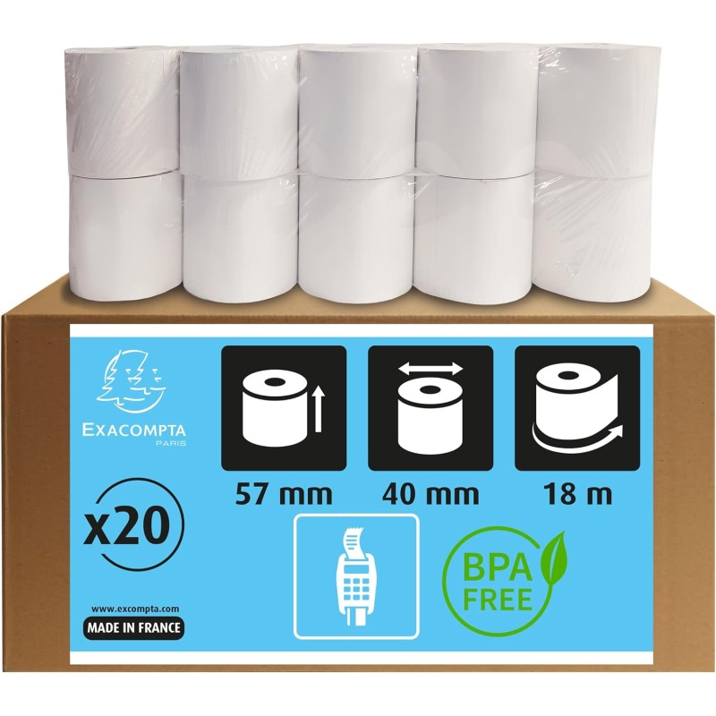 Exacompta - Réf. 40751E - Boîte de 20 bobines pour tickets de carte bancaire - largeur 57 mm x diamètre 40 mm - mandrin 12 mm - 
