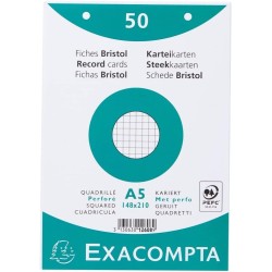 Exacompta - Réf. 12608E - Paquet de 50 fiches bristol quadrillées 5x5 perforées - sous film - compatibles avec imprimante jet d'