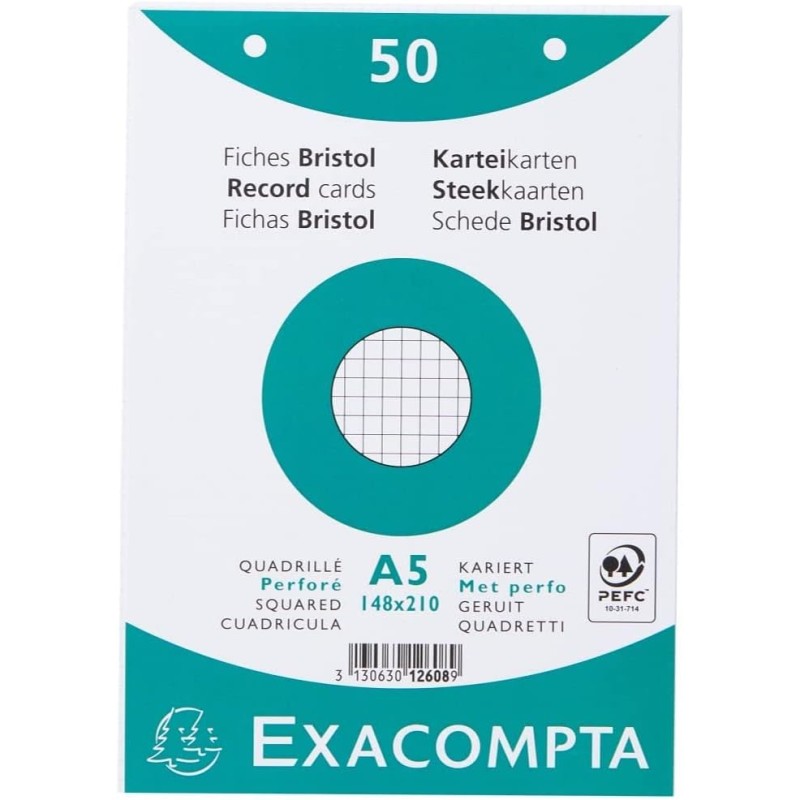 Exacompta - Réf. 12608E - Paquet de 50 fiches bristol quadrillées 5x5 perforées - sous film - compatibles avec imprimante jet d'