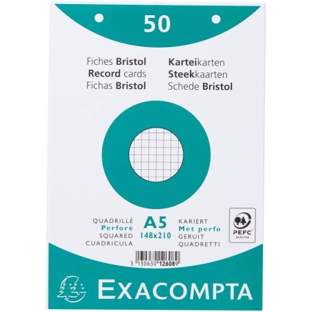 Exacompta - Réf. 12608E - Paquet de 50 fiches bristol quadrillées 5x5 perforées - sous film - compatibles avec imprimante jet d'