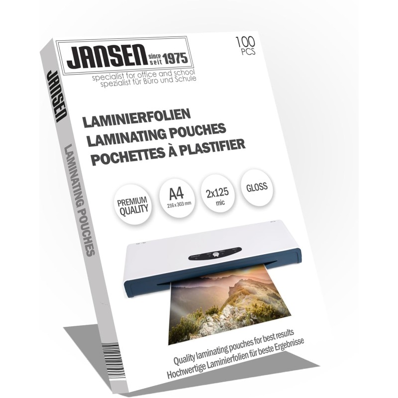 Jansen - A4 2x125 microns Pochettes de plastification brillantes, Pack de 100 - L'emballage peut varier