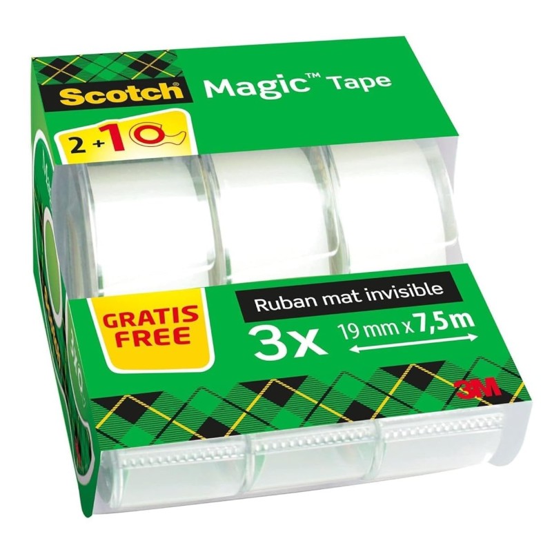 Scotch Magic Tape, Rouleaux de Ruban Adhésif Transparent avec Dévidoir, Lot de 3, Ruban de 19mm x 7.5m - Idéal pour le Bureau et