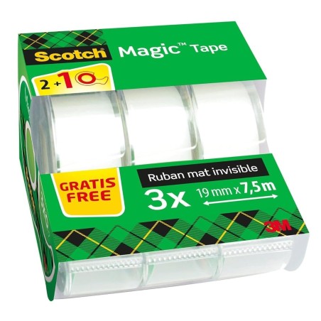 Scotch Magic Tape, Rouleaux de Ruban Adhésif Transparent avec Dévidoir, Lot de 3, Ruban de 19mm x 7.5m - Idéal pour le Bureau et