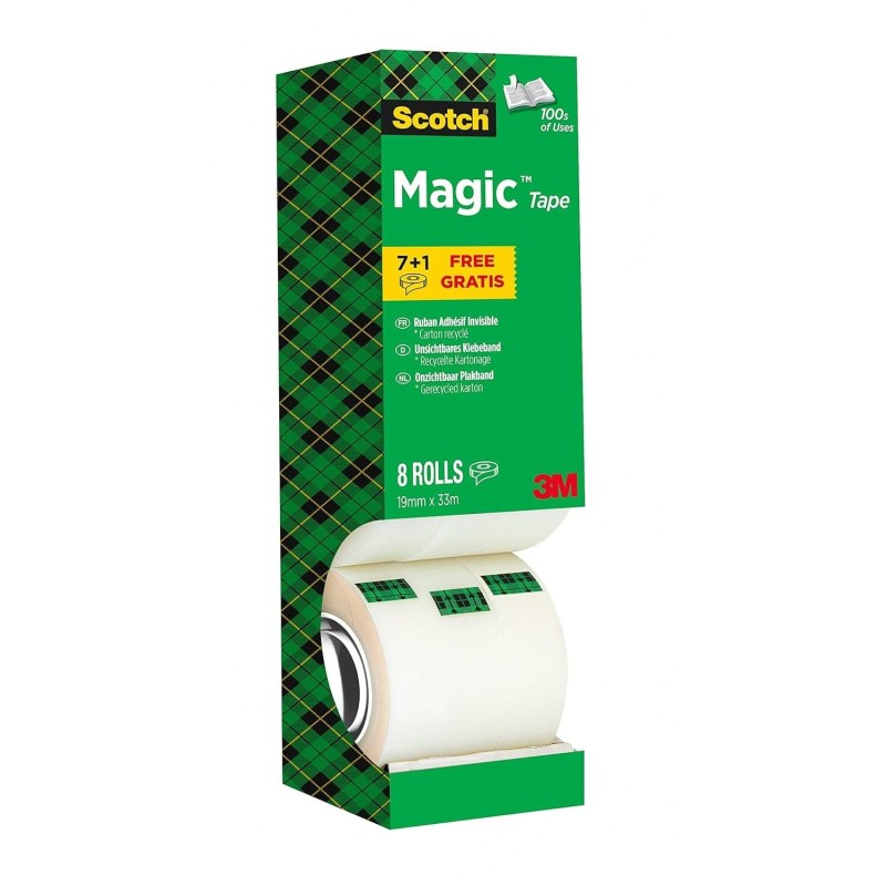 Scotch Magic Ruban Adhésif Invisible - 8 Rouleaux - 19mm x 33m - Ruban Adhésif à Usage Général pour la Réparation, l'Etiquetage 