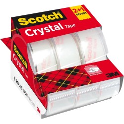 Scotch Crystal Ruban Adhésif Transparent, 2 Rouleaux avec Dévidoir Manuel + 1 Rouleau GRATUIT, 19 mm x 7,5 m – Ruban Transparent