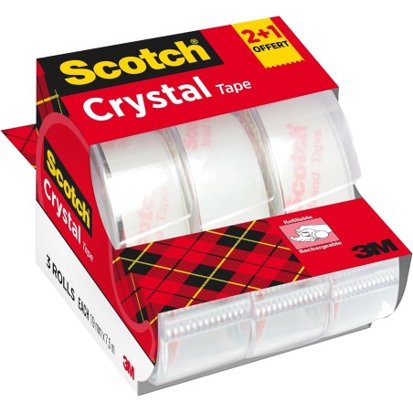 Scotch Crystal Ruban Adhésif Transparent, 2 Rouleaux avec Dévidoir Manuel + 1 Rouleau GRATUIT, 19 mm x 7,5 m – Ruban Transparent