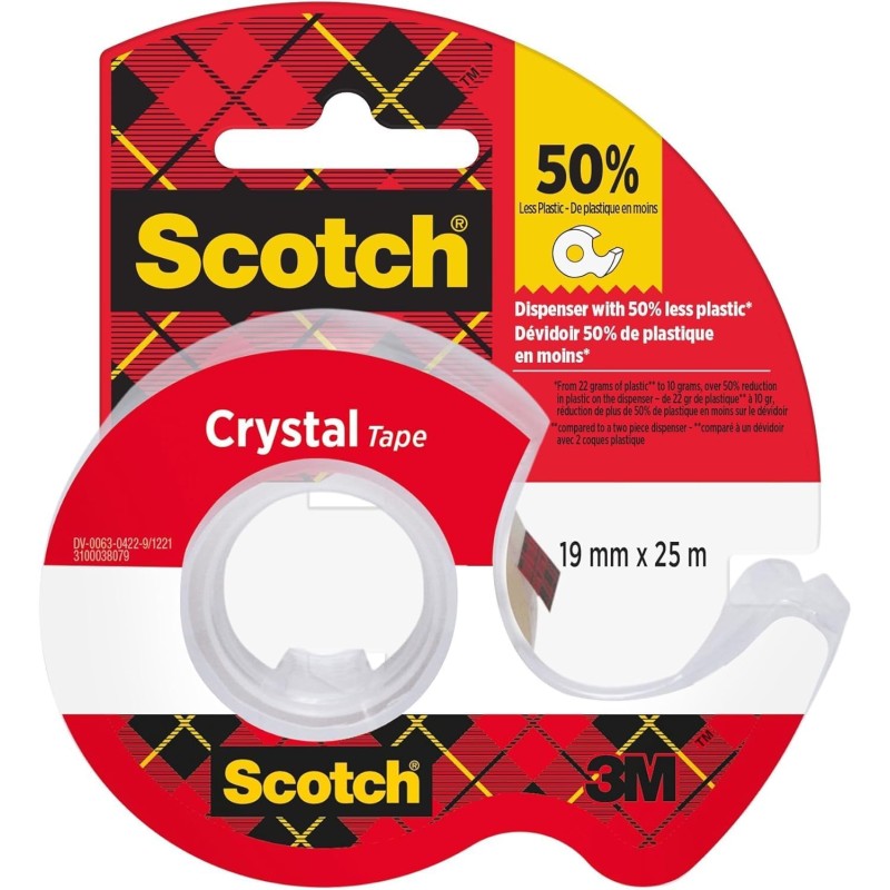 Scotch Crystal Ruban Adhésif Transparent, 1 Rouleau sur le Dévidoir Manuel 19 mm x 25 m - Ruban Adhésif Transparent à Usage Géné