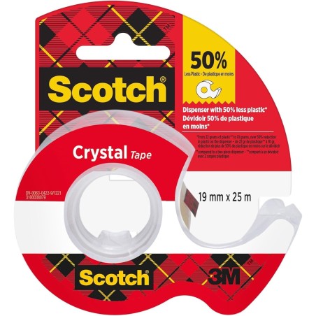 Scotch Crystal Ruban Adhésif Transparent, 1 Rouleau sur le Dévidoir Manuel 19 mm x 25 m - Ruban Adhésif Transparent à Usage Géné