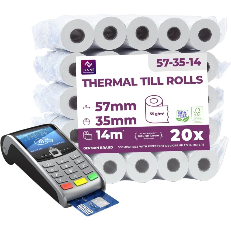 LYNNE - Rouleau TPE Carte Bancaire 57x35x12 - Bobine papier thermique 57mm x 14m x 12mm - Papier Rouleaux TPE - Rouleau CB therm