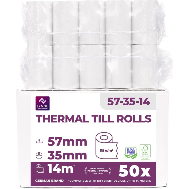 LYNNE - Rouleau TPE Carte Bancaire 57x35x12 - Bobine papier thermique 57mm x 14m x 12mm - Papier Rouleaux TPE - Rouleau CB therm