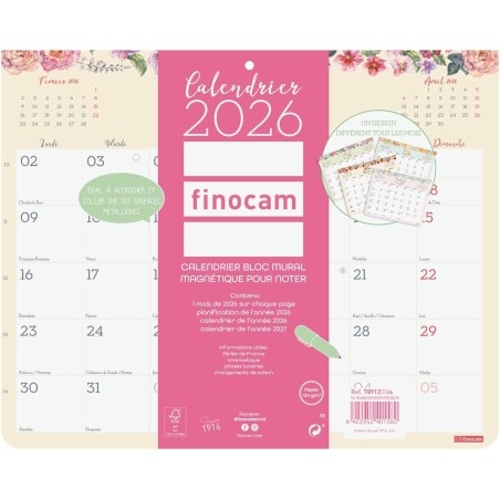 Finocam – Calendrier magnétique 2026 1 Mois par page Janvier – Décembre 2026 (12 mois) | Calendrier 2026 pour noter | Planificat
