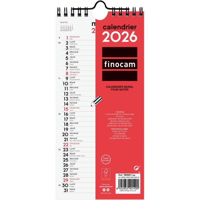 Finocam – Calendrier mural 2026 1 Mois par page Janvier – Décembre 2026 (12 mois) | Calendrier 2026 pour noter | Planificateur m