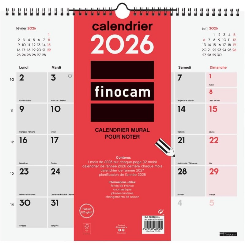 Finocam – Calendrier mural 2026 1 Mois par page Janvier – Décembre 2026 (12 mois) | Calendrier 2026 pour noter | Planificateur m