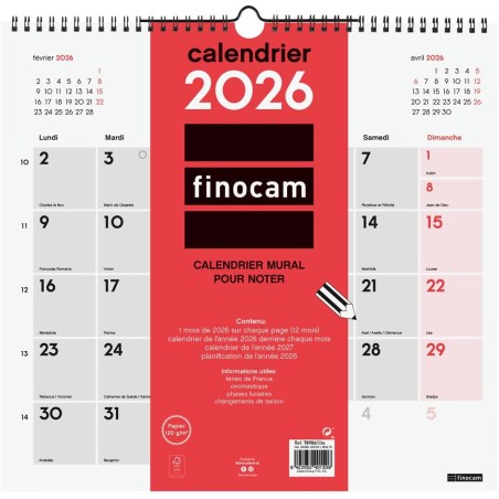 Finocam – Calendrier mural 2026 1 Mois par page Janvier – Décembre 2026 (12 mois) | Calendrier 2026 pour noter | Planificateur m