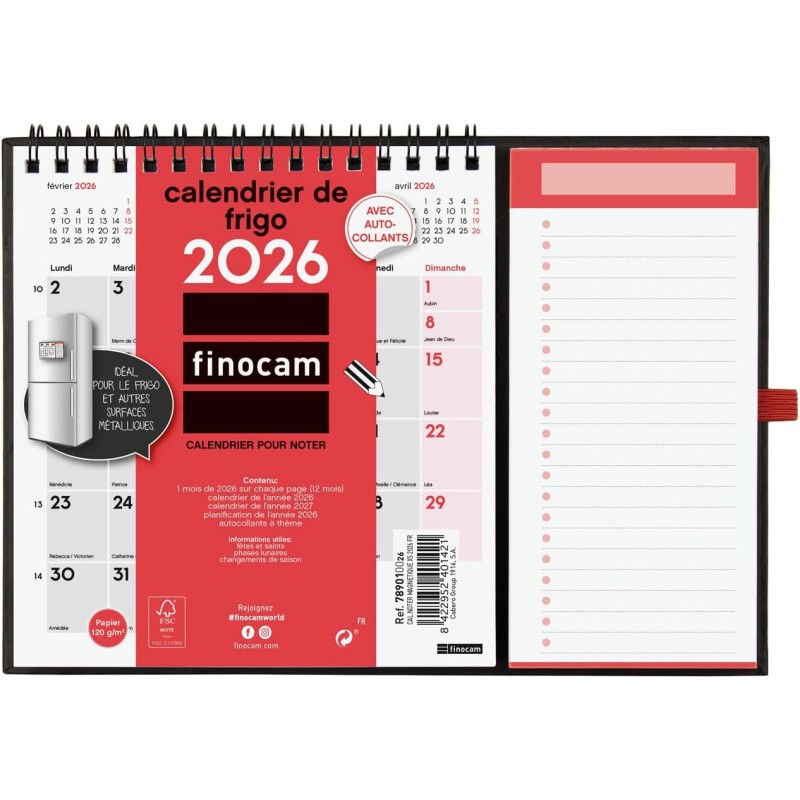 Finocam – Calendrier magnétique 2026 1 Mois par page Janvier – Décembre 2026 (12 mois) | Calendrier 2026 pour noter | Planificat