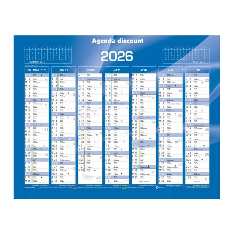 Calendrier de Banque Bleu 43x33.5cm carton rigide - 2026 (Bleu, 43x33.5cm)