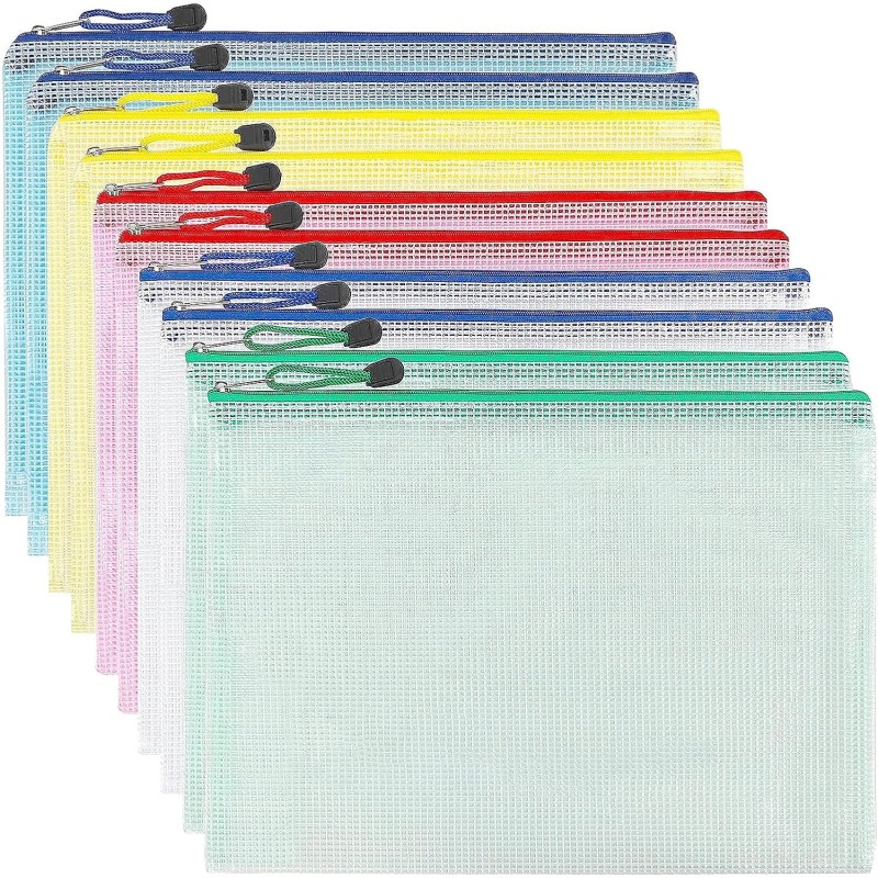 Pochette Document Zippée A4,Pochette Zippée 5 Couleurs PVC Transparentes Document Dossier,Mesh Zipper Pouch pour Voyage,pour Bur