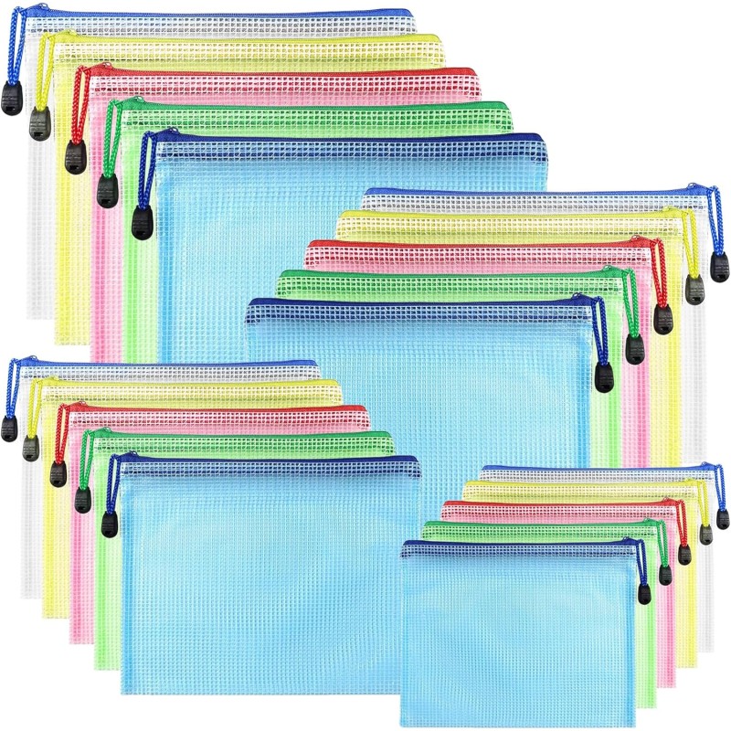 20PCS Pochette Document Zippée A3,A4,A5,A6,Pochette Zippée 5 Couleurs PVC Transparentes Document Dossier,Pochette Fermeture,Mesh