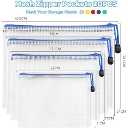 20PCS Pochette Document Zippée A3,A4,A5,A6,Pochette Zippée 5 Couleurs PVC Transparentes Document Dossier,Pochette Fermeture,Mesh