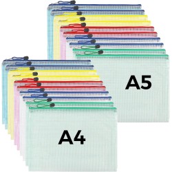 Pochette Document Zippée A4,A5, 20PCS PVC Transparentes Document Dossier,Pochette Plastique 5 Couleurs,Ranger Papiers petits Obj