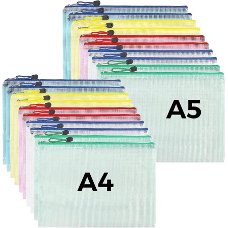Pochette Document Zippée A4,A5, 20PCS PVC Transparentes Document Dossier,Pochette Plastique 5 Couleurs,Ranger Papiers petits Obj