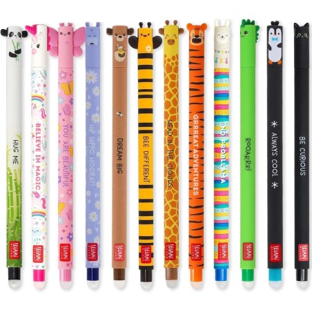 Legami Lot de 12 stylos gel effaçables avec encre effaçable thermosensible, gamme de couleurs différentes d'encre et dessins, po