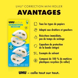 UHU Rollers correcteur mini - Ruban correcteur rapide, propre et précis, blanc, lot 4 de 6m x 5mm