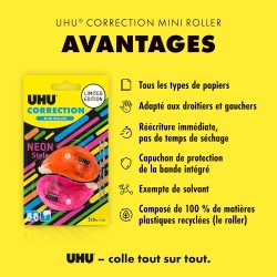 UHU Rollers correcteur néon mini - Ruban correcteur rapide, propre et précis, blanc, lot 2 de 6m x 5mm