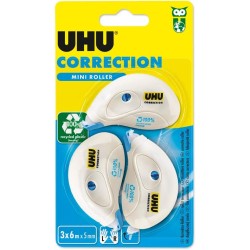 UHU Rollers correcteur mini - Ruban correcteur rapide, propre et précis, blanc, lot 3 de 6m x 5mm
