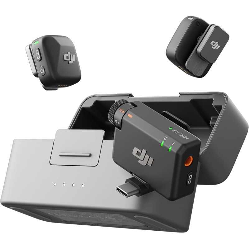 DJI Mic Mini (2 TX + 1 RX + Boîtier de Recharge), Ultra-léger, Audio de HQ, 48 h d’Utilisation, Annulation du Bruit, Limite Auto