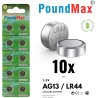 PoundMax® – Lot de 10 Piles Bouton alcalines AG13 LR44 1,5 V