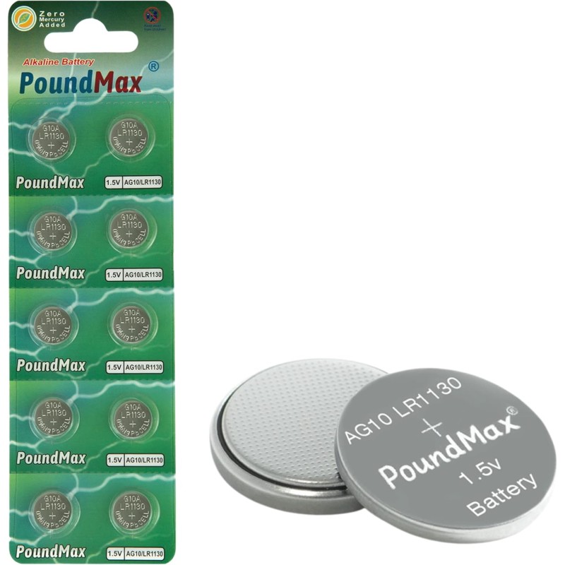 PoundMax Lot de 10 piles bouton alcalines AG10, LR54, 1,5 V