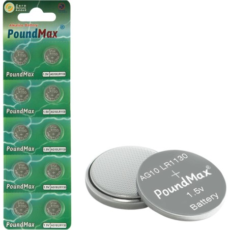 PoundMax Lot de 10 piles bouton alcalines AG10, LR54, 1,5 V