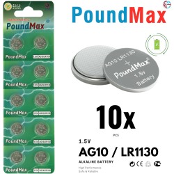PoundMax Lot de 10 piles bouton alcalines AG10, LR54, 1,5 V