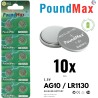 PoundMax Lot de 10 piles bouton alcalines AG10, LR54, 1,5 V