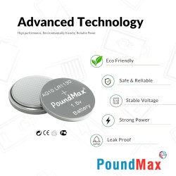 PoundMax Lot de 10 piles bouton alcalines AG10, LR54, 1,5 V