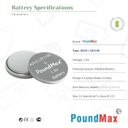 PoundMax Lot de 10 piles bouton alcalines AG10, LR54, 1,5 V