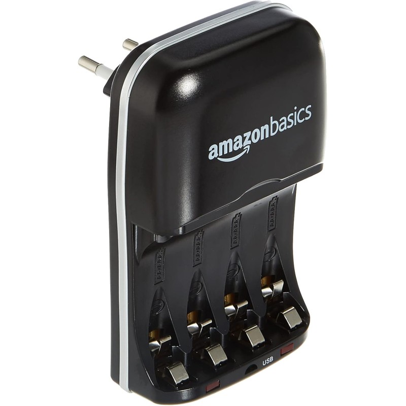 Amazon Basics Chargeur de Piles Ni-MH AA et AAA avec Port USB, Noir