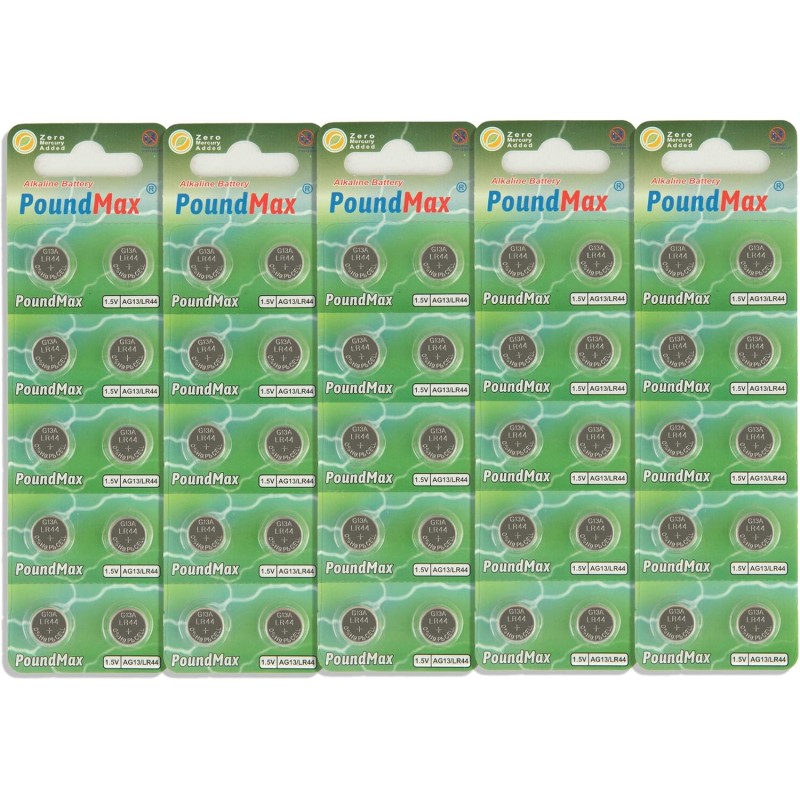 PoundMax® Lot de 50 piles bouton alcalines AG13 LR44 1,5 V
