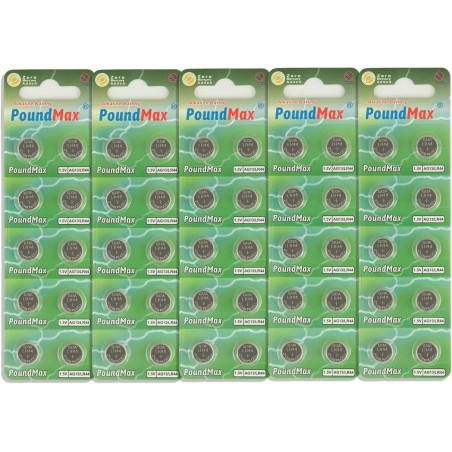 PoundMax® Lot de 50 piles bouton alcalines AG13 LR44 1,5 V