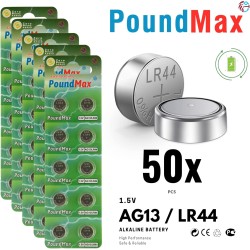 PoundMax® Lot de 50 piles bouton alcalines AG13 LR44 1,5 V
