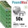 PoundMax® Lot de 50 piles bouton alcalines AG13 LR44 1,5 V