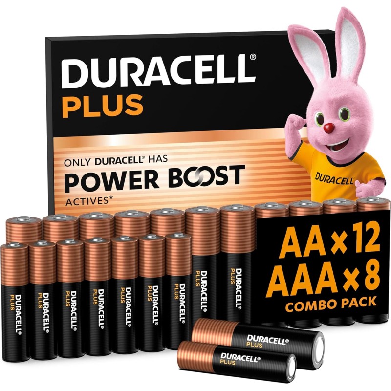 DURACELL Plus Piles AA & AAA (Pack combiné de 12xAA et 8xAAA) – Piles Alcalines 1,5 V – avec Actifs Power Boost – Emballage 0% P
