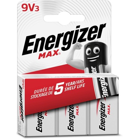 Energizer Max - Pile 9V (Lot de 3) - Alcaline Neuf Volts - Énergie longue durée - pour Les Détecteurs de Fumée et Les Radios - E