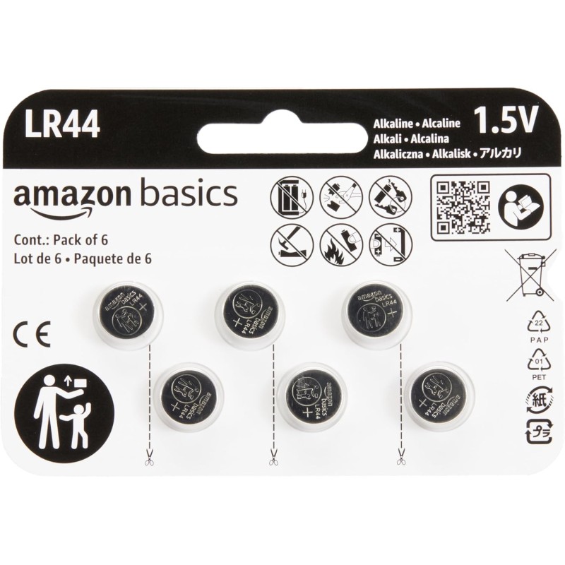Amazon Basics Lot de 6 piles bouton alcalines LR44, 1,5 V, puissance longue durée, sans mercure