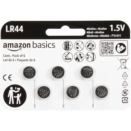 Amazon Basics Lot de 6 piles bouton alcalines LR44, 1,5 V, puissance longue durée, sans mercure