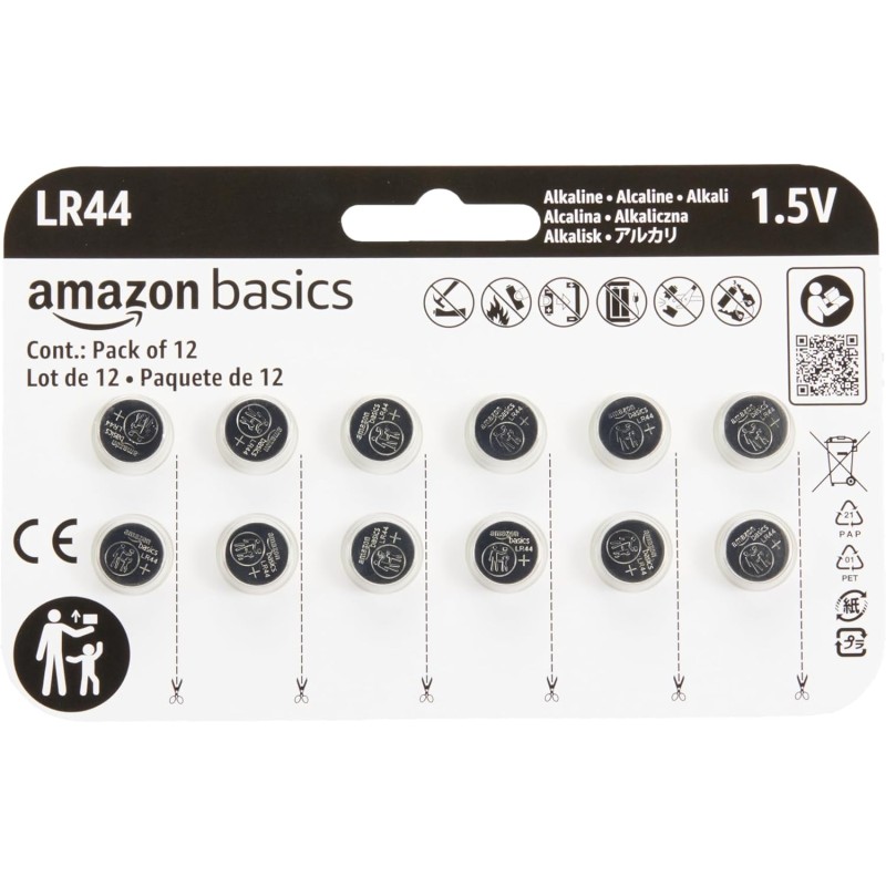 Amazon Basics Lot de 12 piles bouton alcalines LR44, 1,5 V, puissance longue durée, sans mercure
