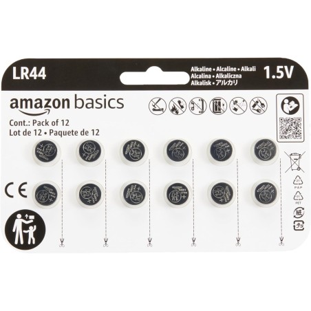 Amazon Basics Lot de 12 piles bouton alcalines LR44, 1,5 V, puissance longue durée, sans mercure
