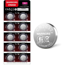 Warriors Pile CR2032 3V Lithium (x10) Pile Bouton Longue Durée pour Montres Télécommandes Clés Calculatrices Sécurité Enfant